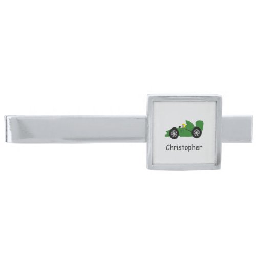 Green Racing Car Design Personalised Silver Finish Tie Bar