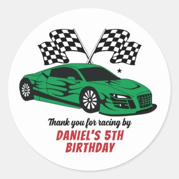 Green Racing Car For Kids Boys Birthday Party Classic Round Sticker by raindwops at Zazzle