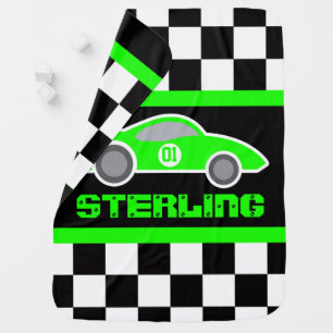 Green racing car name number checkered flag baby blanket