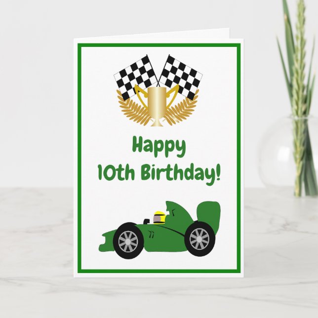 Green Racing Car Personalised 10th Birthday Card (Front)