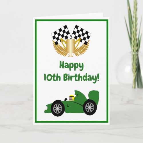Green Racing Car Personalised 10th Birthday Card