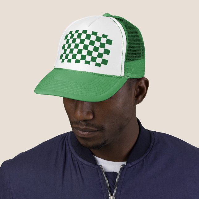 Green Racing Checkered Flag Display Customizable Trucker Hat (In Situ)