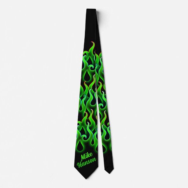 Green Racing Flames Gothic Hot Rod Rockabilly Neck Tie (Front)