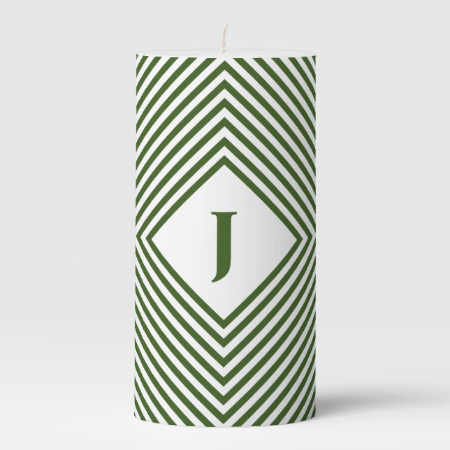 Green Radiating Rhombuses with Central Monogram Pillar Candle (Front)