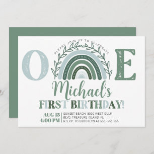 Green Rainbow Birthday Invitation, Earthy Tones Invitation