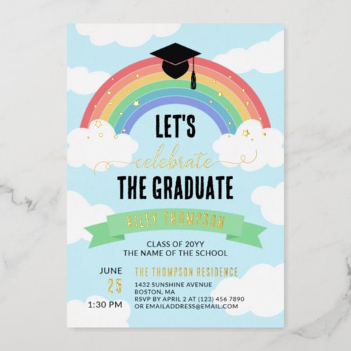 Green Rainbow Clouds Lets Celebrate the Graduate Foil Invitation