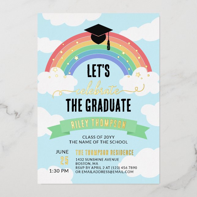 Green Rainbow Clouds Let's Celebrate the Graduate Foil Invitation (Front)