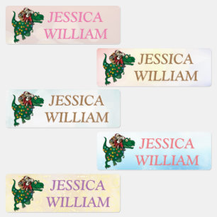 Green-Rainbow Dinosaur, Santa Custom Name School Kids' Labels