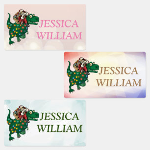Green-Rainbow Dinosaur, Santa Custom Name School Kids' Labels