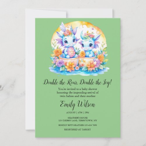 GREEN RAINBOW FLORAL DRAGONS TWINS BABY SHOWER INVITATION