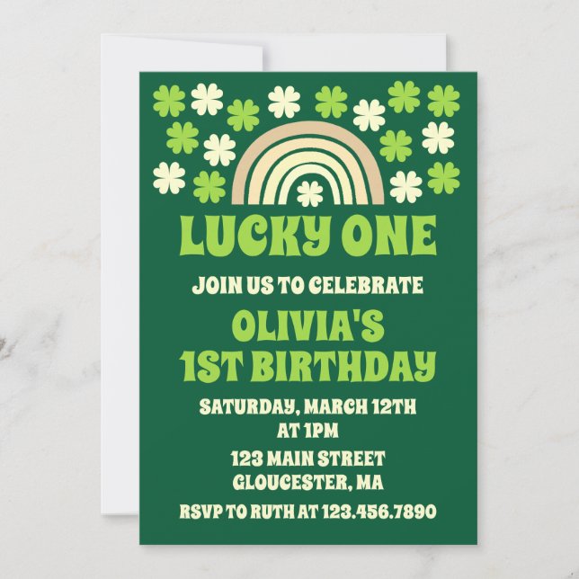 Green Rainbow Lucky One First Birthday Party Photo Invitation (Front)