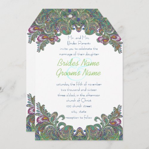 Green Raspberry Blue  Damask Wedding Invitation