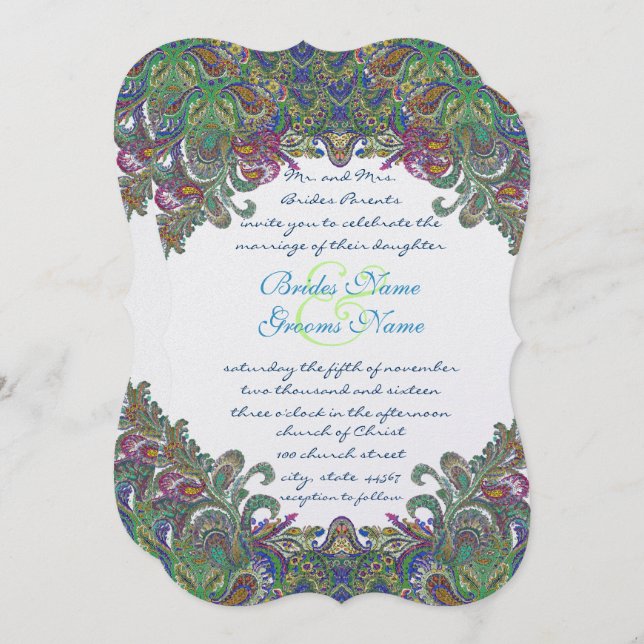 Green Raspberry Blue  Damask Wedding Invitation (Front/Back)