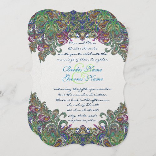 Green Raspberry Blue  Damask Wedding Invitation