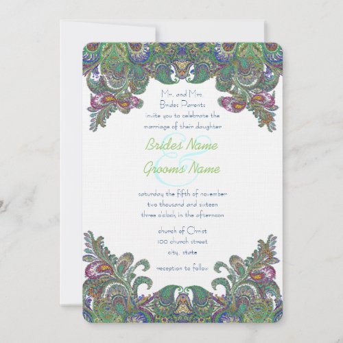 Green Raspberry Blue  Damask Wedding Invitation
