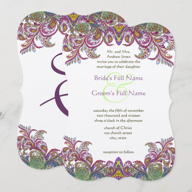 Green Raspberry Golden Yellow Blue Paisley Peacock Invitation (Front/Back)