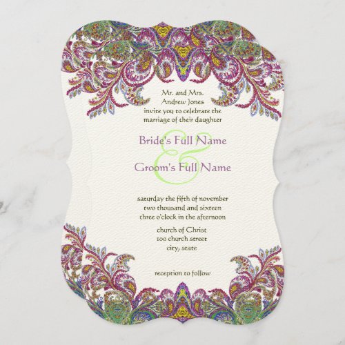 Green Raspberry Golden Yellow Blue Paisley Peacock Invitation