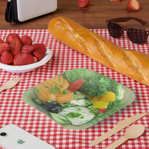 green raw fresh vegetables  paper plates
