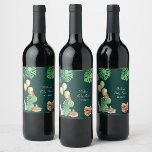 Green Rawr Dinosaur Storybook Balloon Baby Shower Wine Label