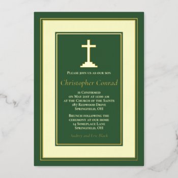 Green Real Gold Foil Catholic Confirmation Foil Invitation by wasootch at Zazzle