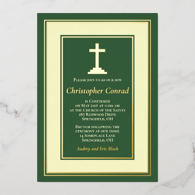 Green Real Gold Foil Catholic Confirmation Invitation (Front)