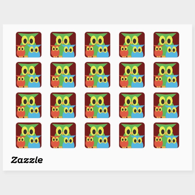 Green, Red and Blue Owls Square Sticker (Sheet)