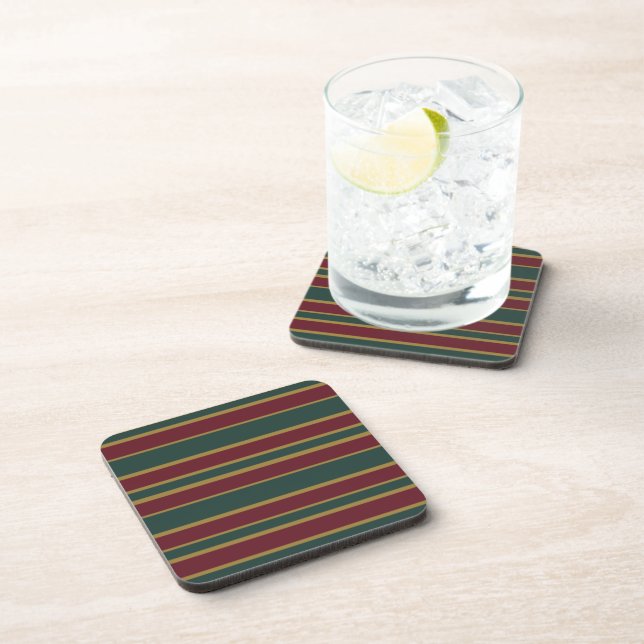 Green Red And Gold Christmas Candy Stripes Beverage Coaster (Right Side)