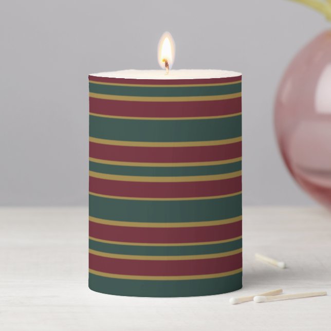 Green Red And Gold Christmas Candy Stripes Pillar Candle (In Situ)
