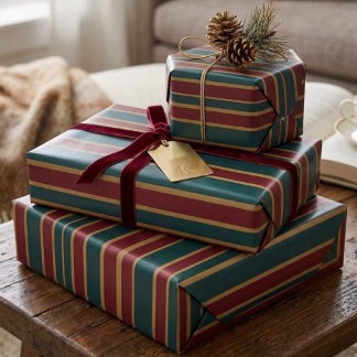 Green Red And Gold Christmas Candy Stripes Wrapping Paper