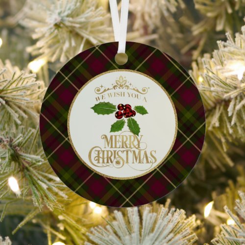 Green Red And Gold Plaid With Name Christmas Metal Ornament