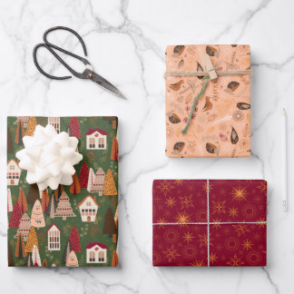 Green Red and Pink Christmas Forest Village Wrapping Paper Sheets