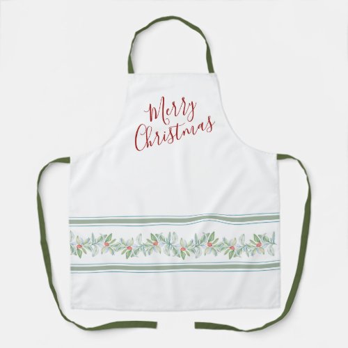 Green Red and White Botanical and Stripe Kitchen Apron