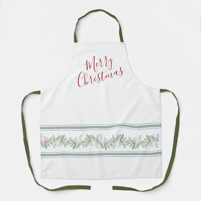 Green Red and White Botanical and Stripe Kitchen Apron (Front)
