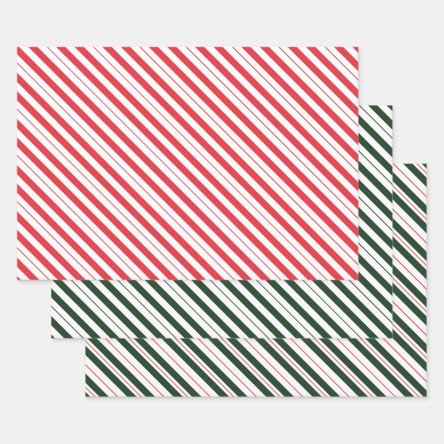 Green Red and White Candy Cane Diagonal Stripes Wrapping Paper Sheets (Set)