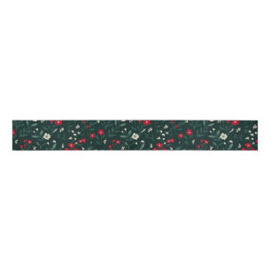 Green red and white Christmas flowers Grosgrain Ribbon