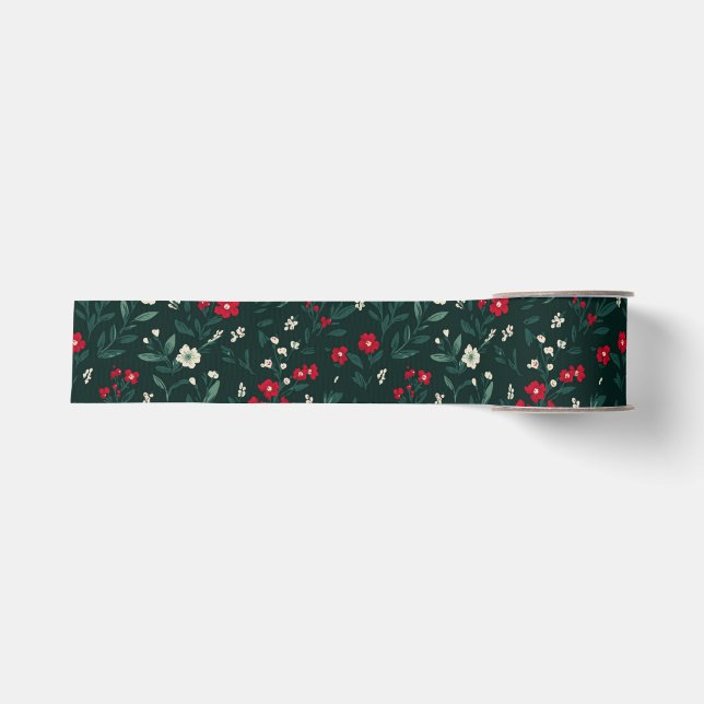 Green red and white Christmas flowers Grosgrain Ribbon (Front)