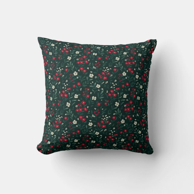 Green red and white Christmas flowers Throw Pillow (Front)