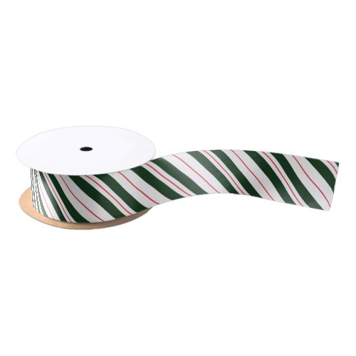Green Red and White Diagonal Candy Cane Striped Satin Ribbon