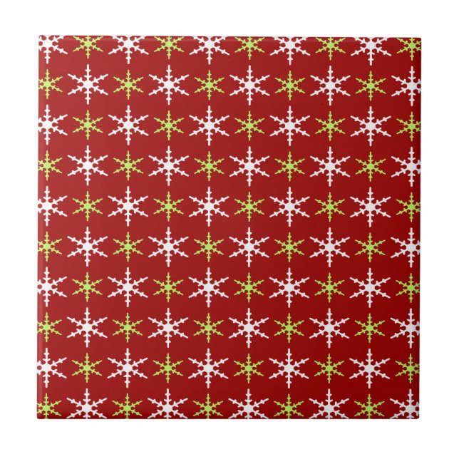 Green, red and white snowflakes pattern ceramic tile (Front)