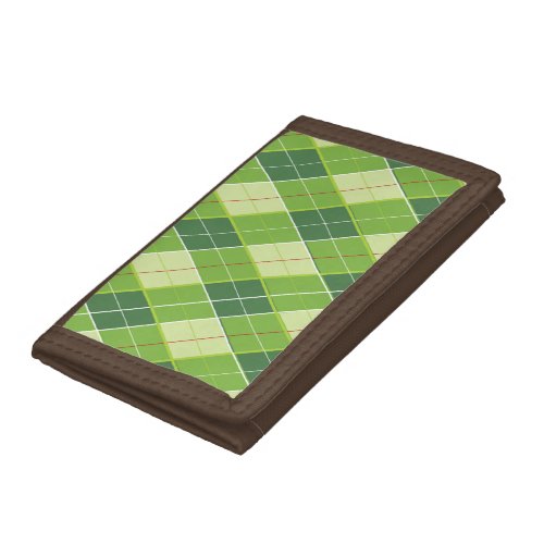 Green red argyle diamond patterned plaid golf trifold wallet