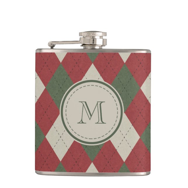 Green & Red Argyle Plaid Pattern with Monogram Hip Flask (Front)