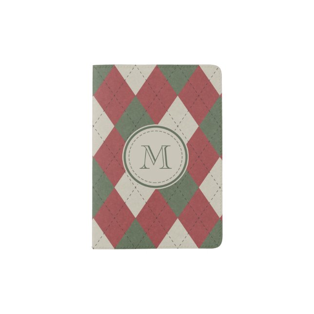 Green & Red Argyle Plaid Pattern with Monogram Passport Holder (Front)
