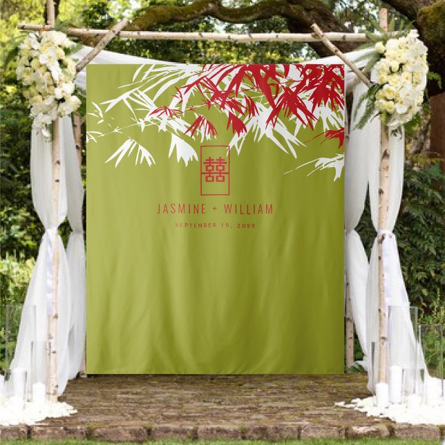 Green & Red Bamboo Leaves Chinese Wedding Backdrop (Green & Red Bamboo Leaves, Double Happiness Chinese Wedding Backdrop Tapestry @ fatfatin_ted_knot)