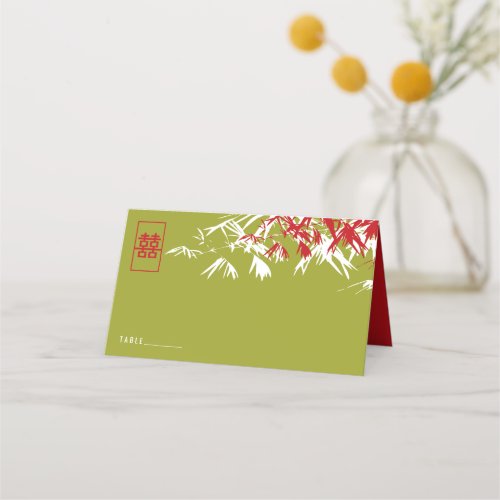 Green Red Bamboo Leaves Double Xi Chinese Wedding Place Card