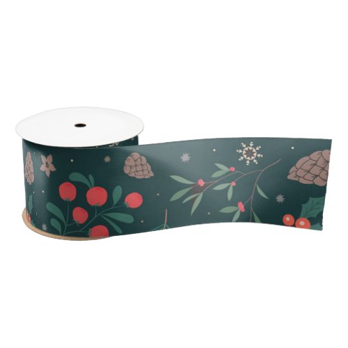 Green Red Berries Pine Christmas Floral Pattern Satin Ribbon