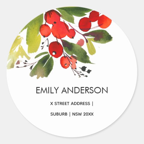 GREEN RED BERRIES WATERCOLOR CHRISTMAS ADDRESS CLASSIC ROUND STICKER