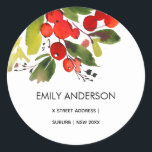 GREEN RED BERRIES WATERCOLOR CHRISTMAS ADDRESS CLASSIC ROUND STICKER<br><div class="desc">For any further customisation or any other matching items,  please feel free to contact me at yellowfebstudio@gmail.com</div>
