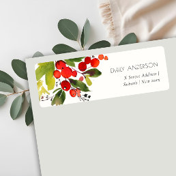 GREEN RED BERRIES WATERCOLOR CHRISTMAS ADDRESS LABEL