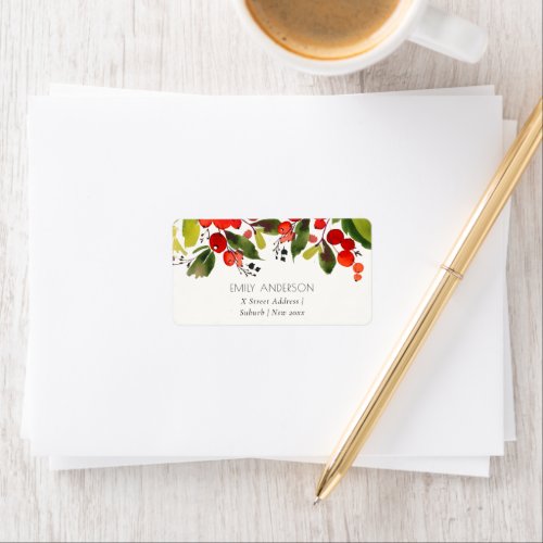 GREEN RED BERRIES WATERCOLOR CHRISTMAS ADDRESS LABEL