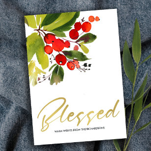GREEN RED BERRIES WATERCOLOR CHRISTMAS BLESSED CARD